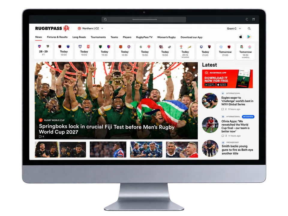 RugbyPass website displayed on a desktop monitor