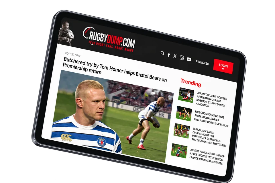 RugbyDump website displayed on a tablet